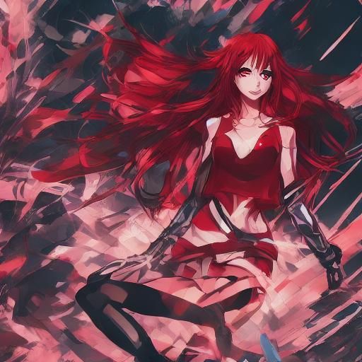 <lora:Rave:1.0> An evil brunette with long straight black hair wearing an old baggy shirt is torturing a beautiful red h...