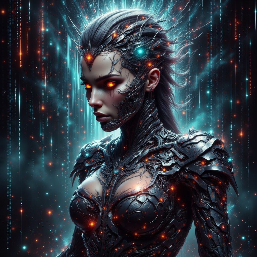 Cyborg Warrior Emerges from Digital Screen