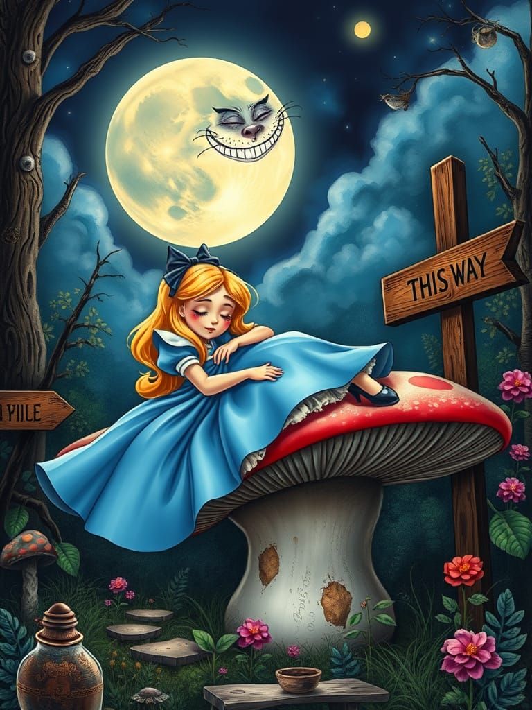 Dreamlike Alice in Wonderland Scene Under a Whimsical Moonli...