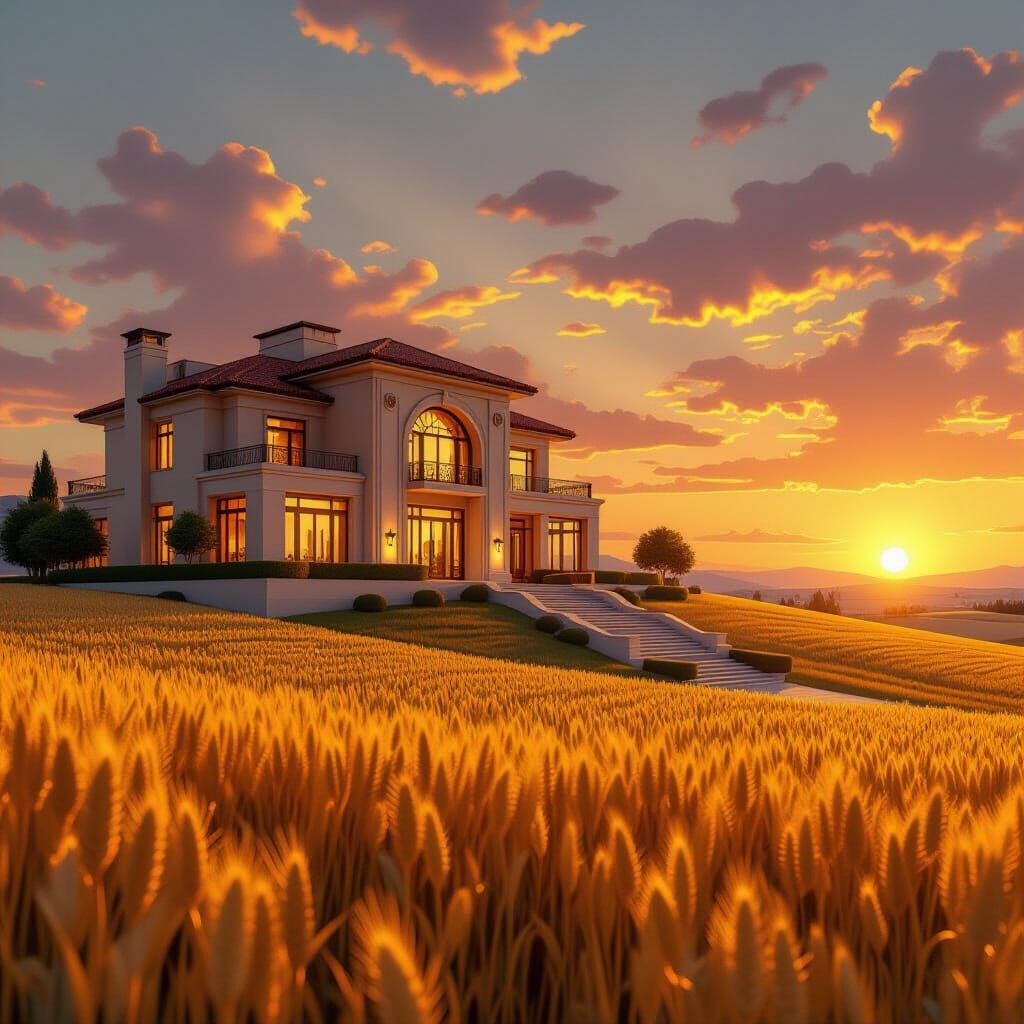 Art Deco Mansion at Sunset Over Golden Fields