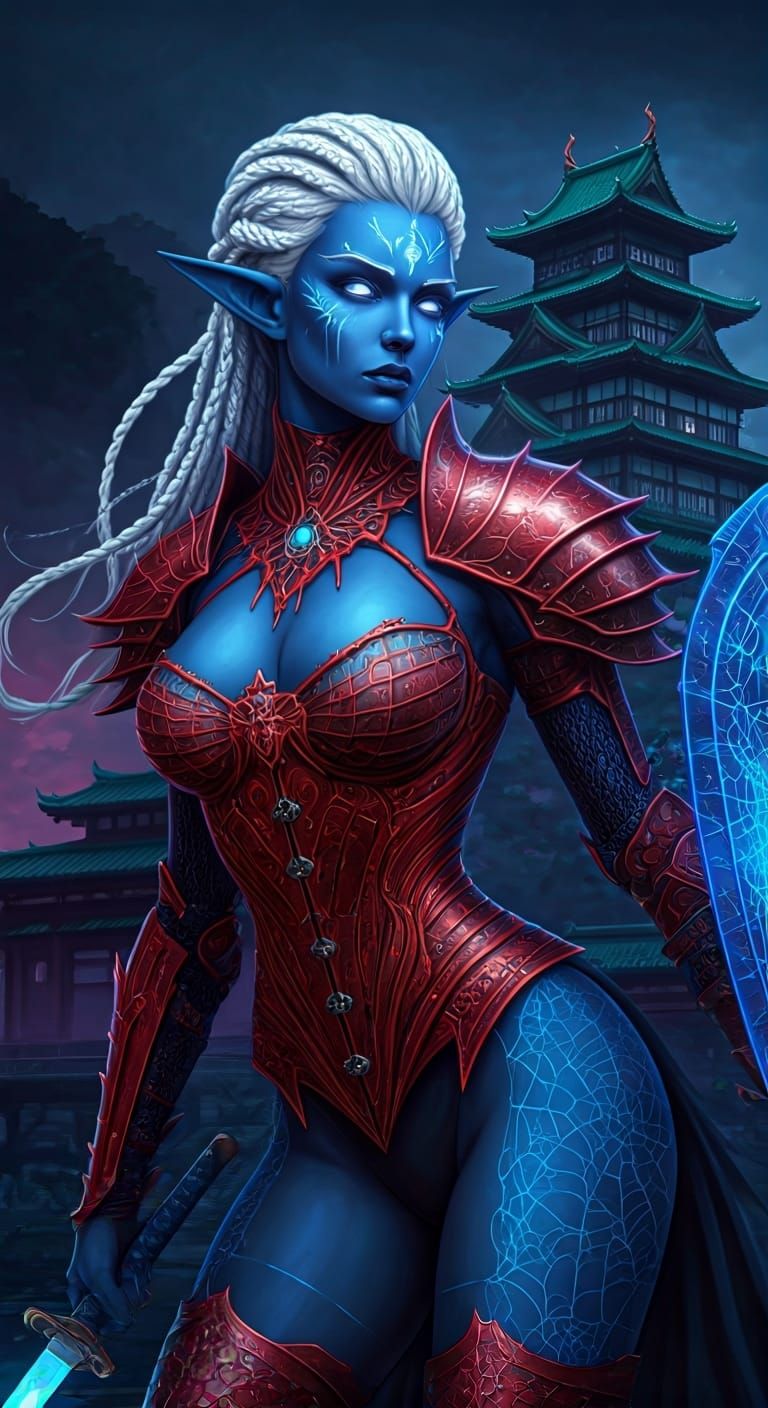 Gothic Elf Cleric in Neon Noir Style