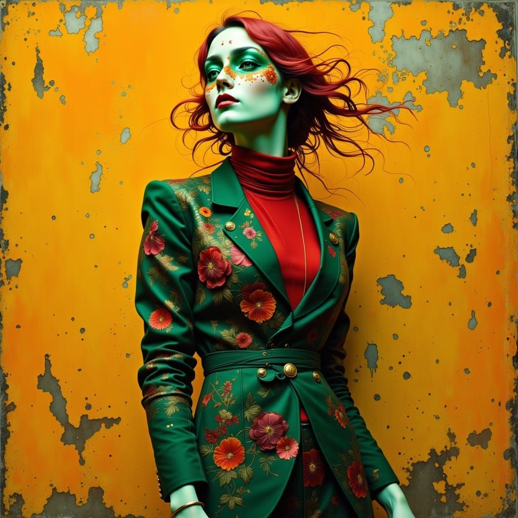 A Moody Young Woman Wears a Red Masquerade Mask with a Sepia...