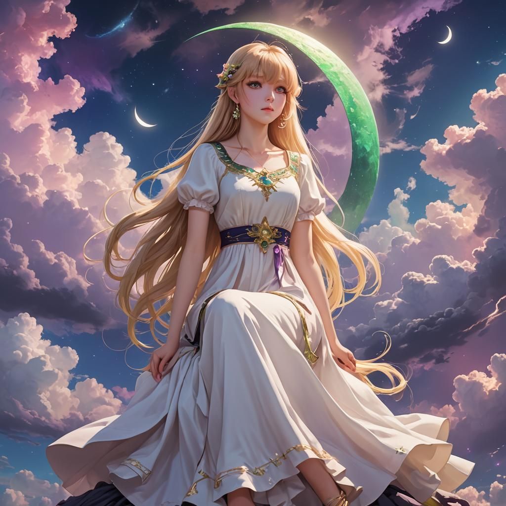 Anime Style Woman on Crescent Moon