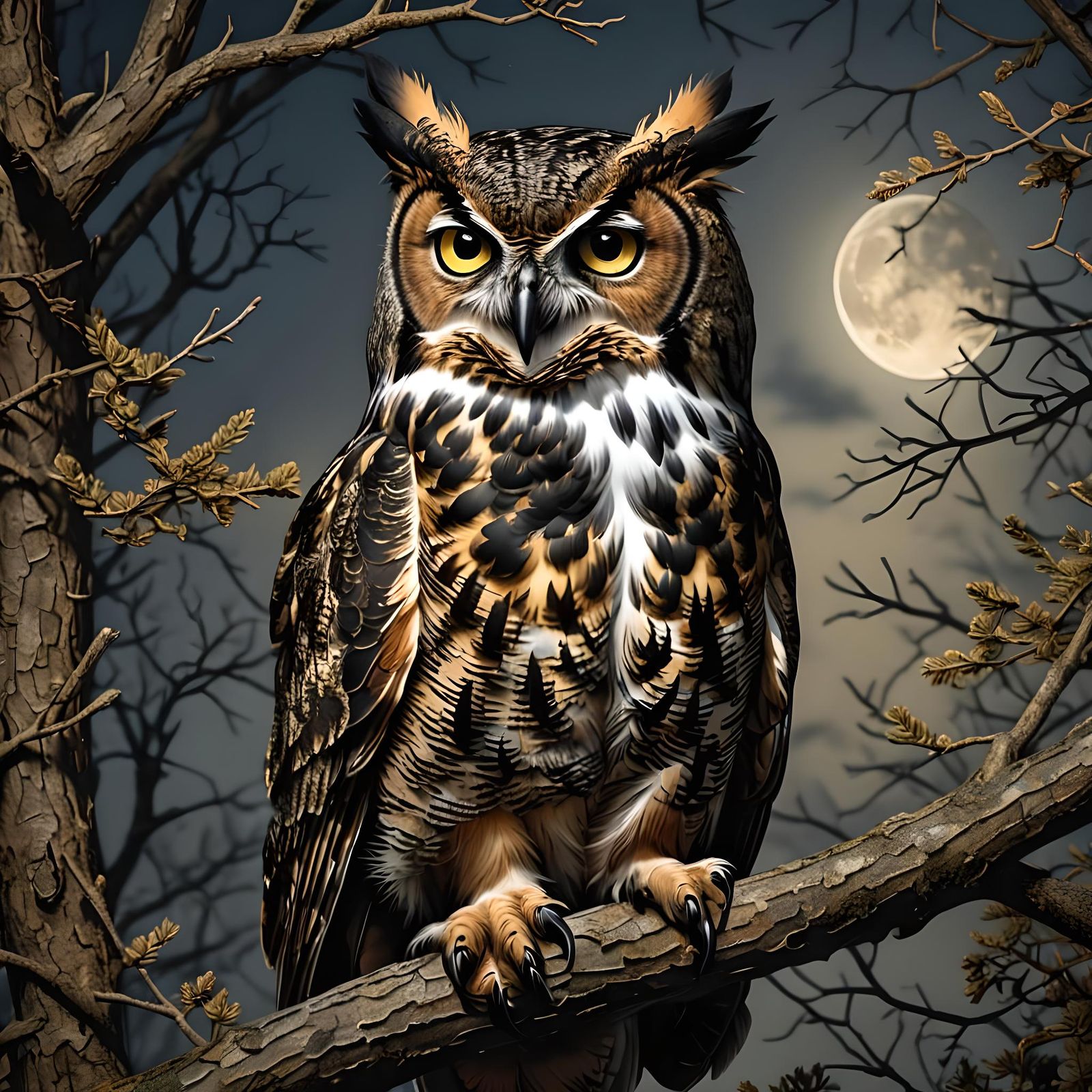Great Horned Owl in Moonlight: Photorealistic Night Scene