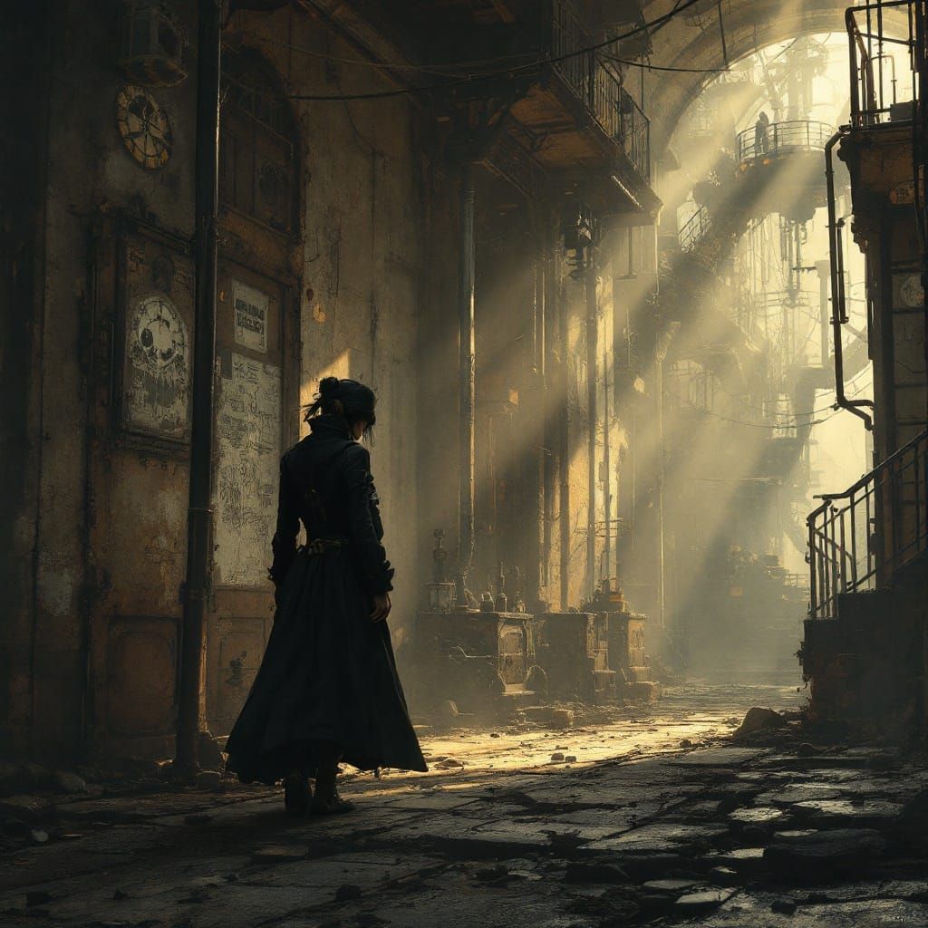 Woman Walking in Steampunk Cityscape