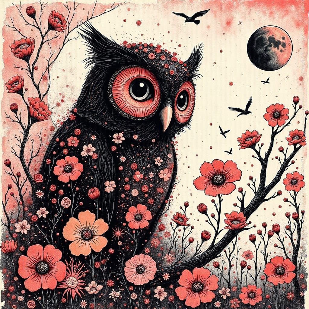 Whimsical Owl in a Dreamlike Landscape with Floral Patterns ...