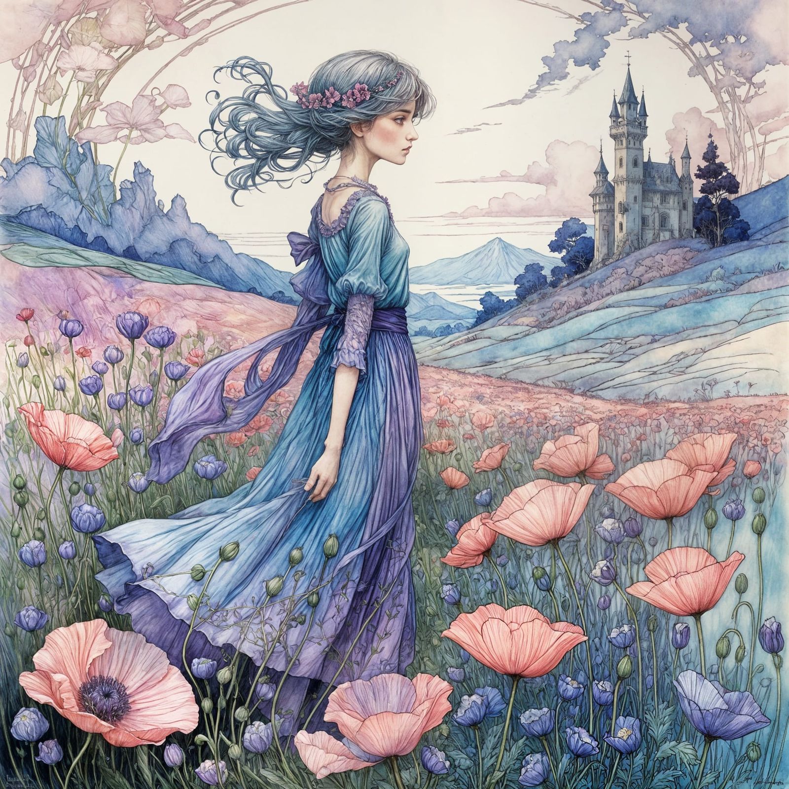 Pastel Poppy Blossom in Delicate Illustration Style