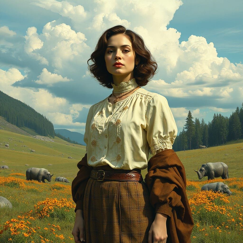 Elegant Woman in Serene Landscape, Digital Art