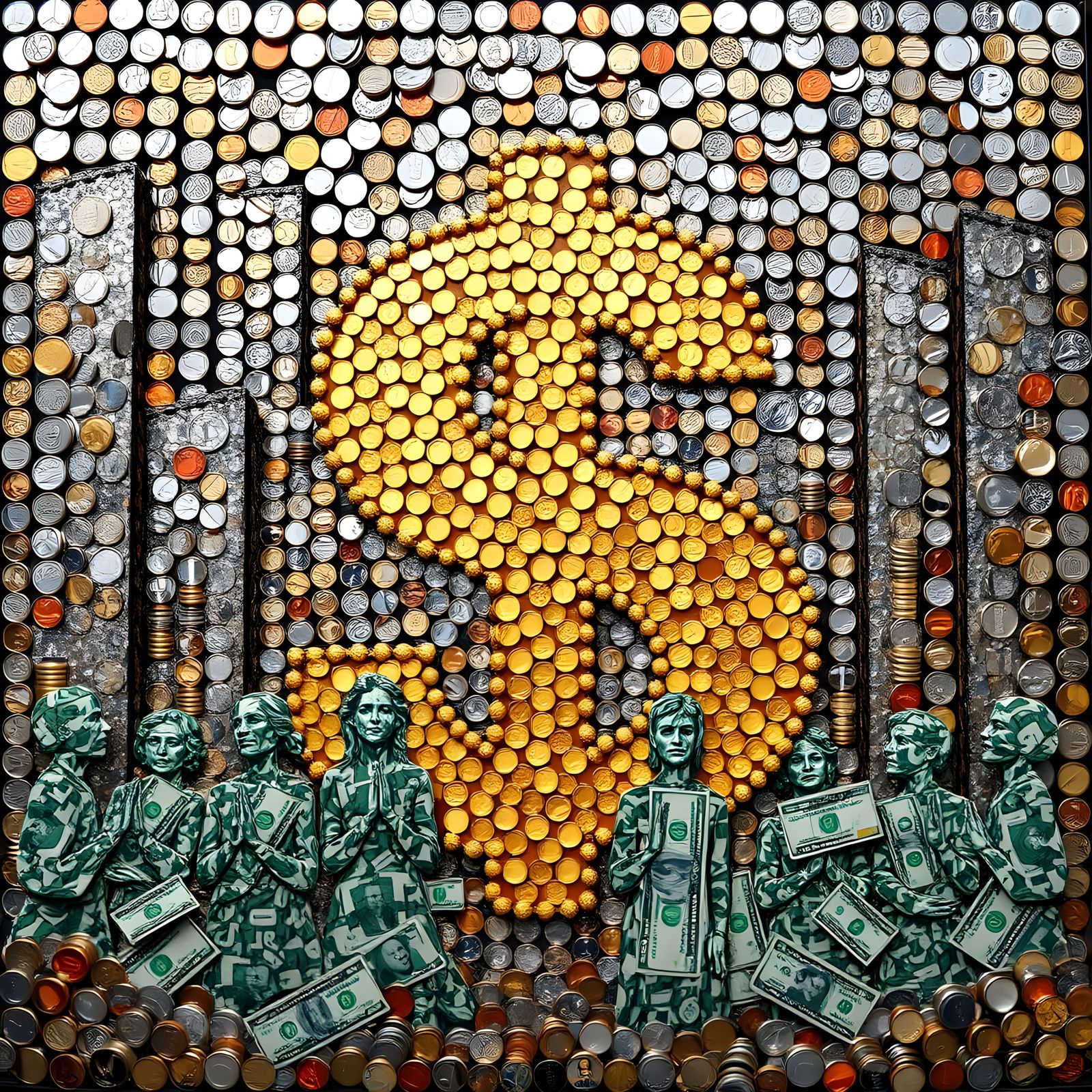 Dollar Sign Mosaic: People Praying Before Wealth