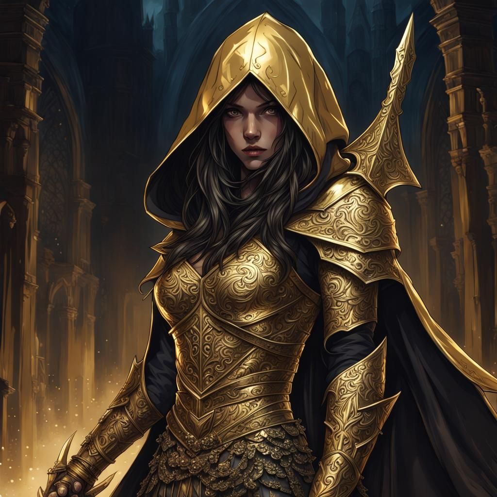 Female Assassin in Gold Armor at Night