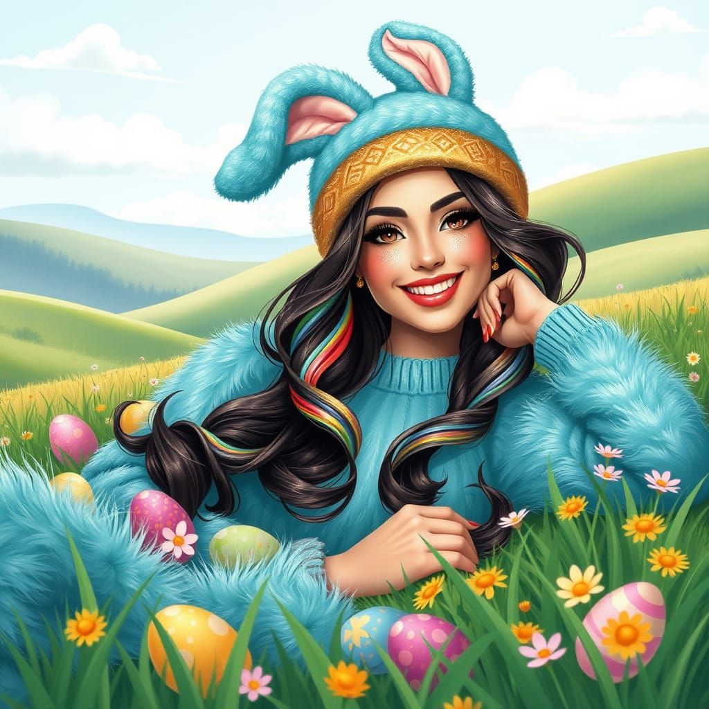 Confident Woman in Whimsical Easter Garden