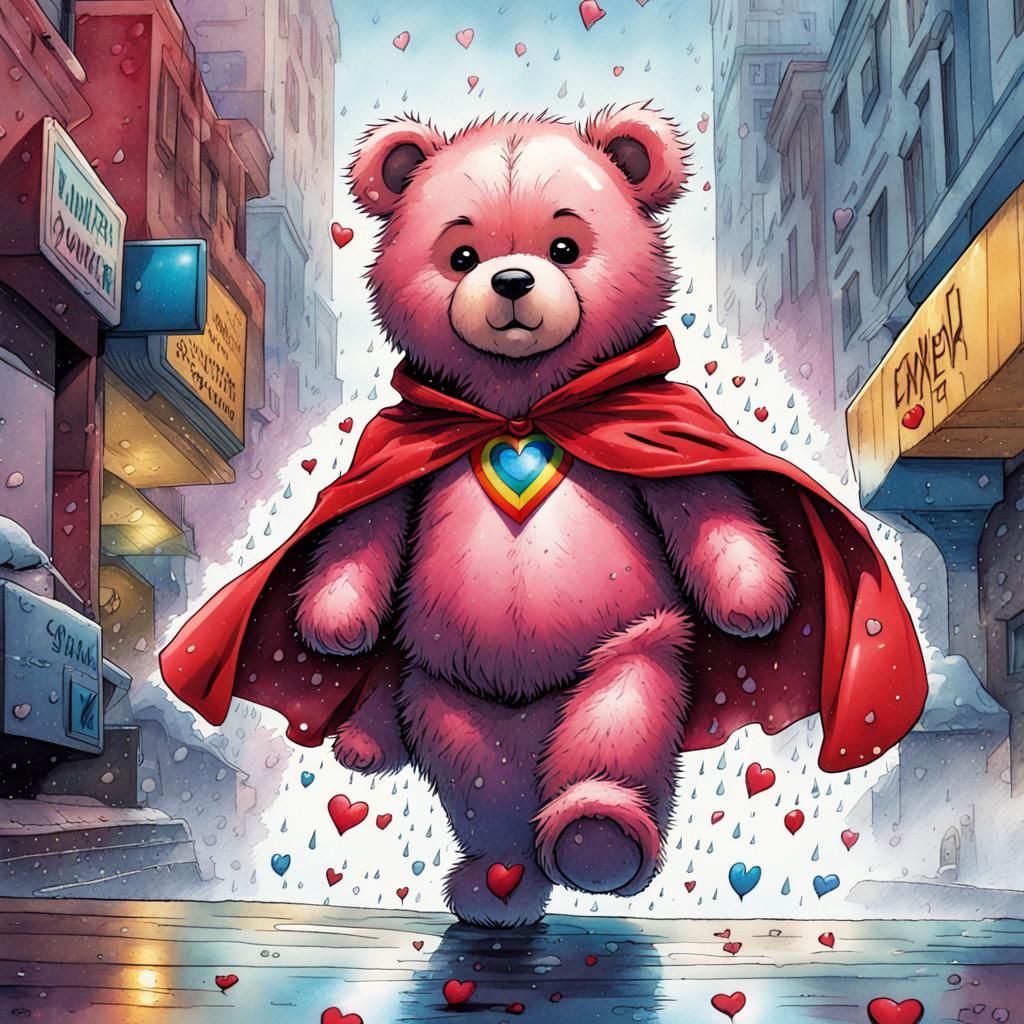 Cute Pink Teddy Bear Superhero in Watercolor Style