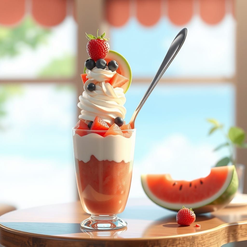 Vibrant Melon Parfait Concept Art in 3D Anime Style