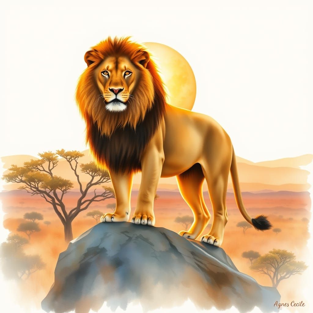Majestic Lion in Watercolor Sunset Landscape