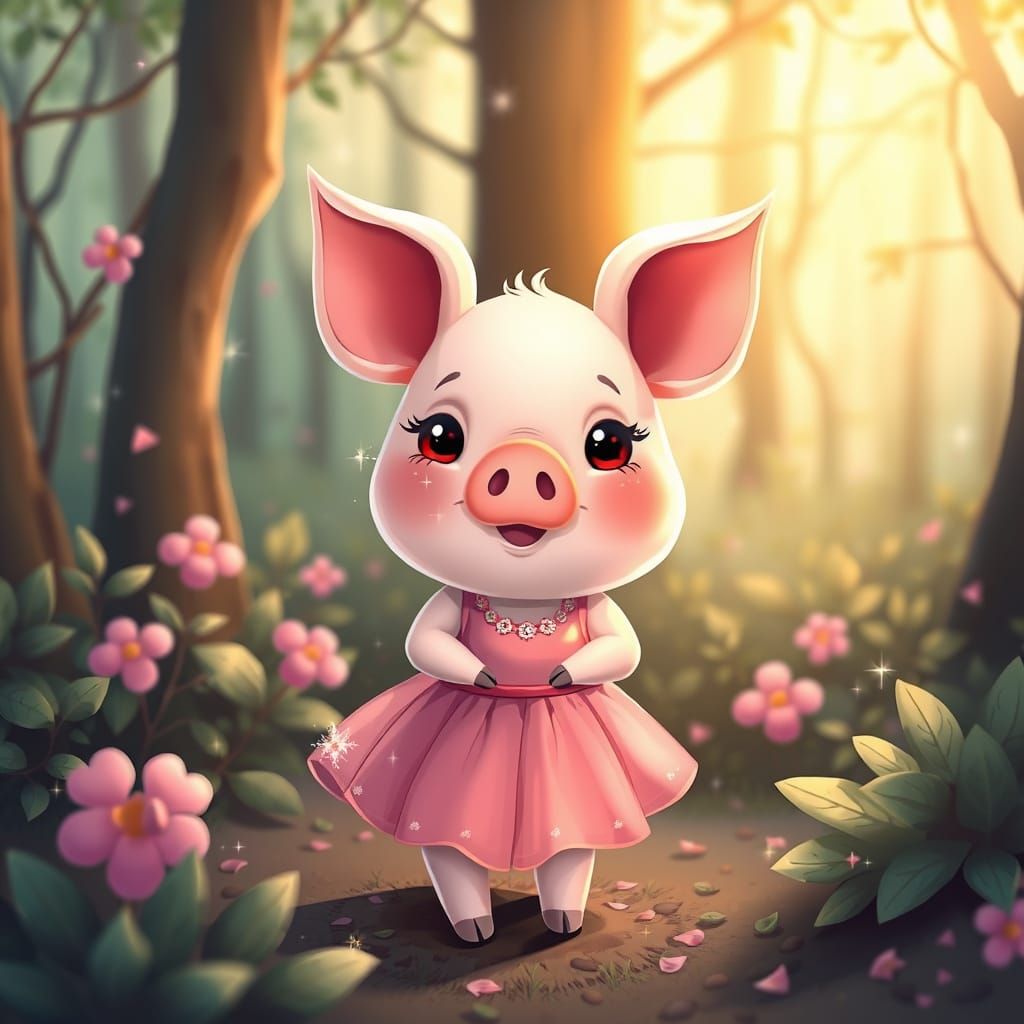 Kawaii Art: Cute Pig Girl in Forest