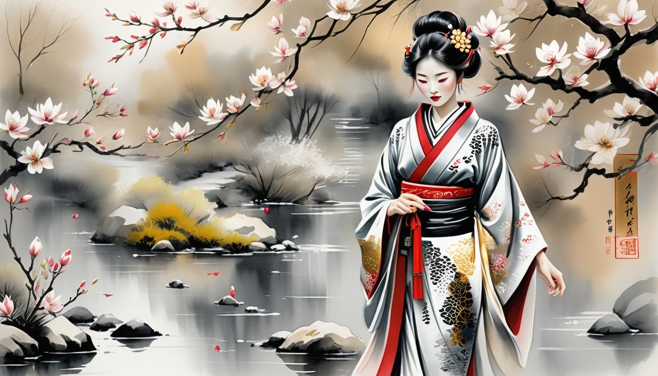 Geisha in Japanese Garden: Fine Line Watercolor Sketch