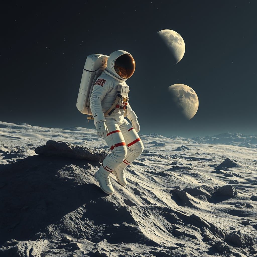 Astronaut on Lunar Surface Heading to Mars in Sci-Fi Style