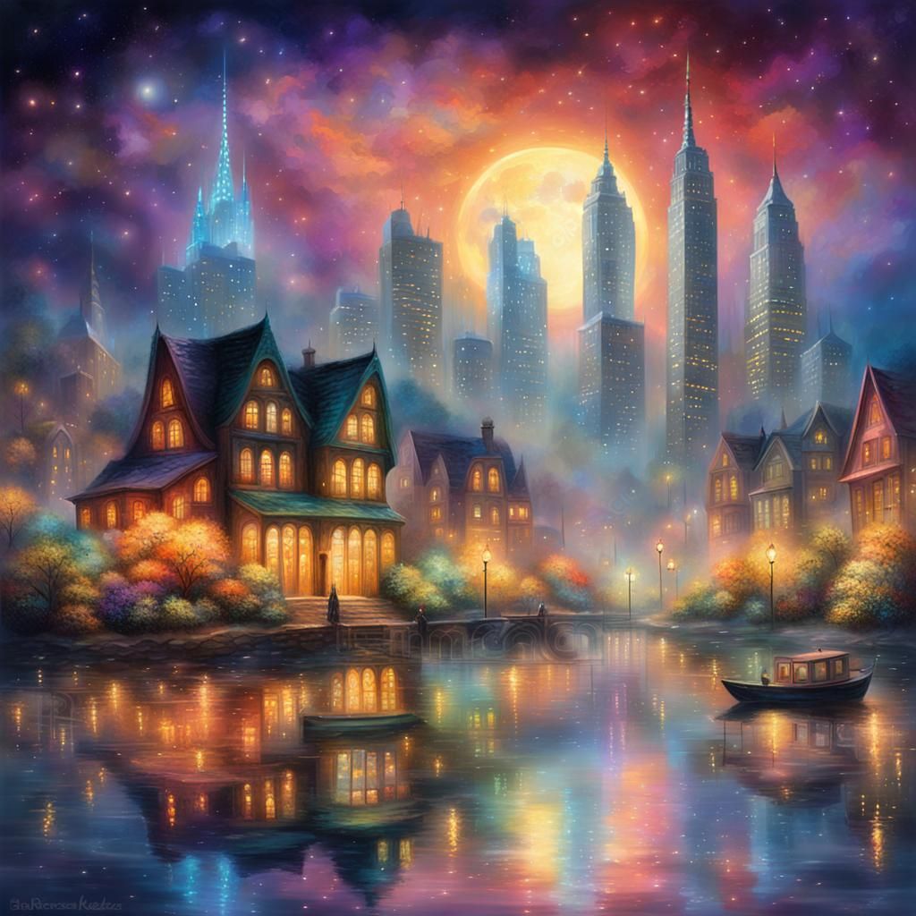 Vibrant Night Cityscape Reflection in Ethereal Fantasy Style