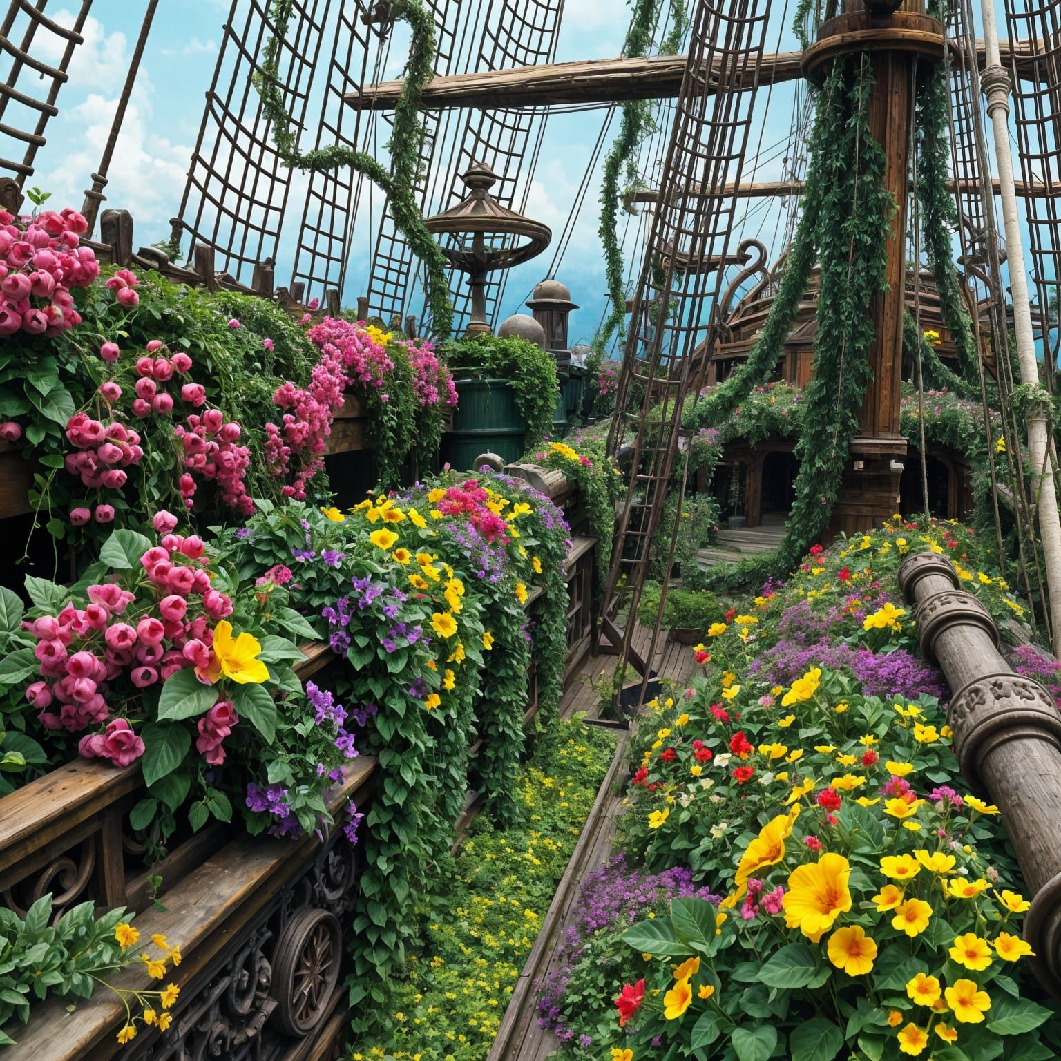Vibrant Pirate Ship Garden in Maximalist Style