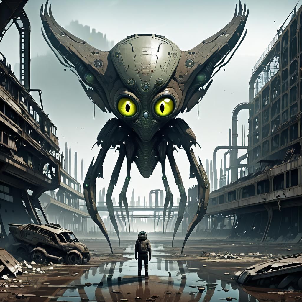 Sci-Fi Alien Creature in Dystopian Landscape