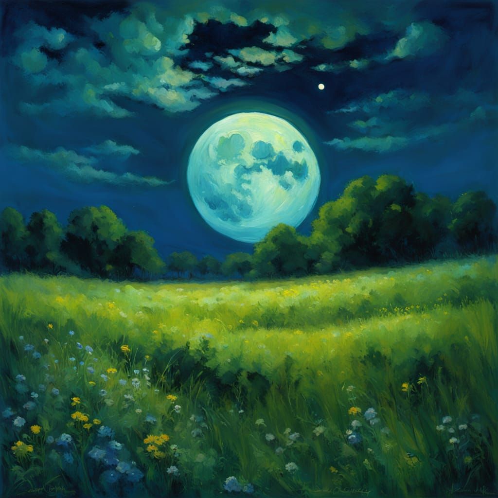 Oil Painting Of A Meadow Under A Large Moon