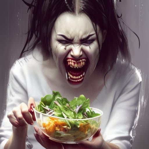 Sinister Woman Screaming and Eating Salad