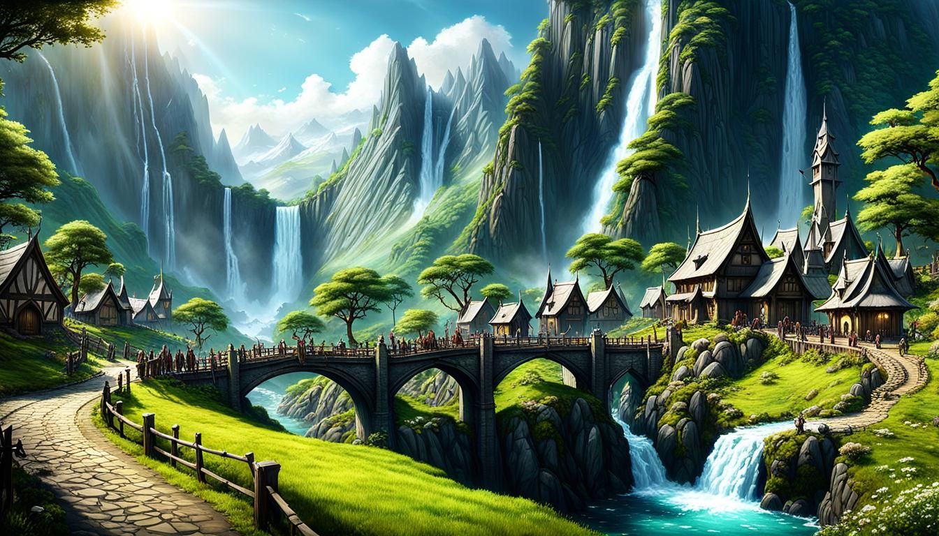 Epic Elven Village with Waterfall, Fantasy Concept Art