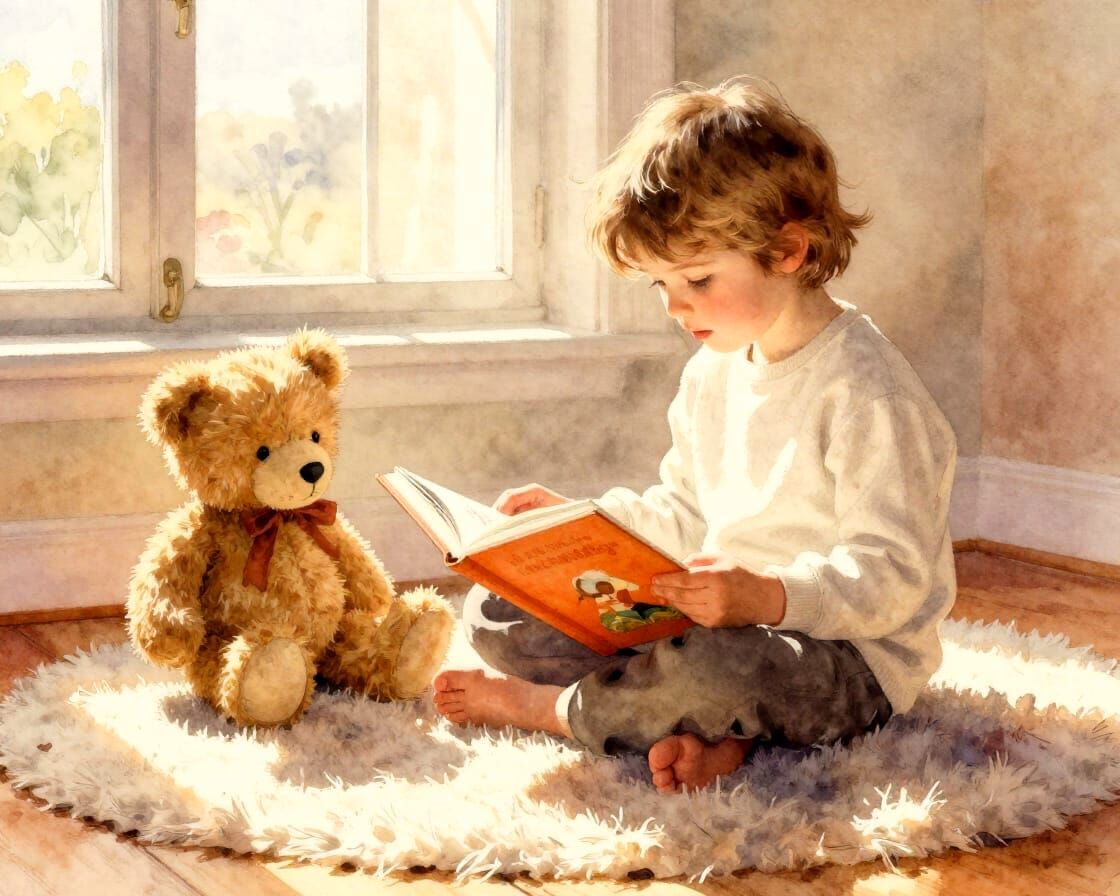 Child Reads to Teddy Bear in Golden Sunlight