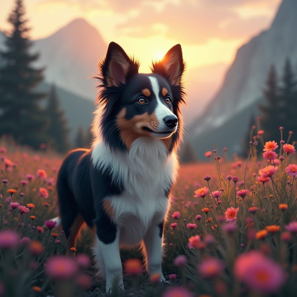 Majestic Collie in Wilderness Flower Field at Sunset in High...