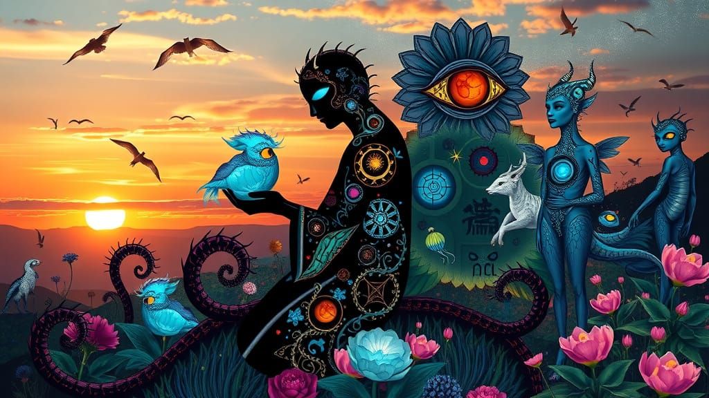 Dreamlike Collage of Mystical Creatures in Cosmic Surrealism