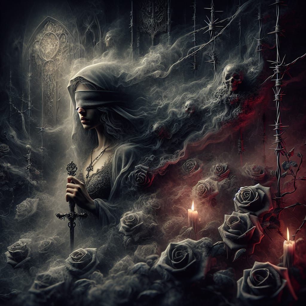 Dark Fantasy Woman with Roses and Barbed Wire