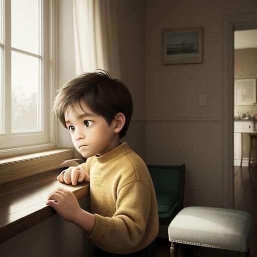 Boy's Confusion in Cozy Living Room: Vibrant Digital Art