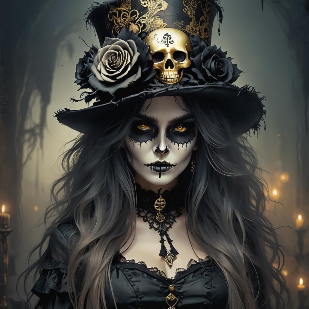 Gothic Girl with Roses and Sugar Skulls