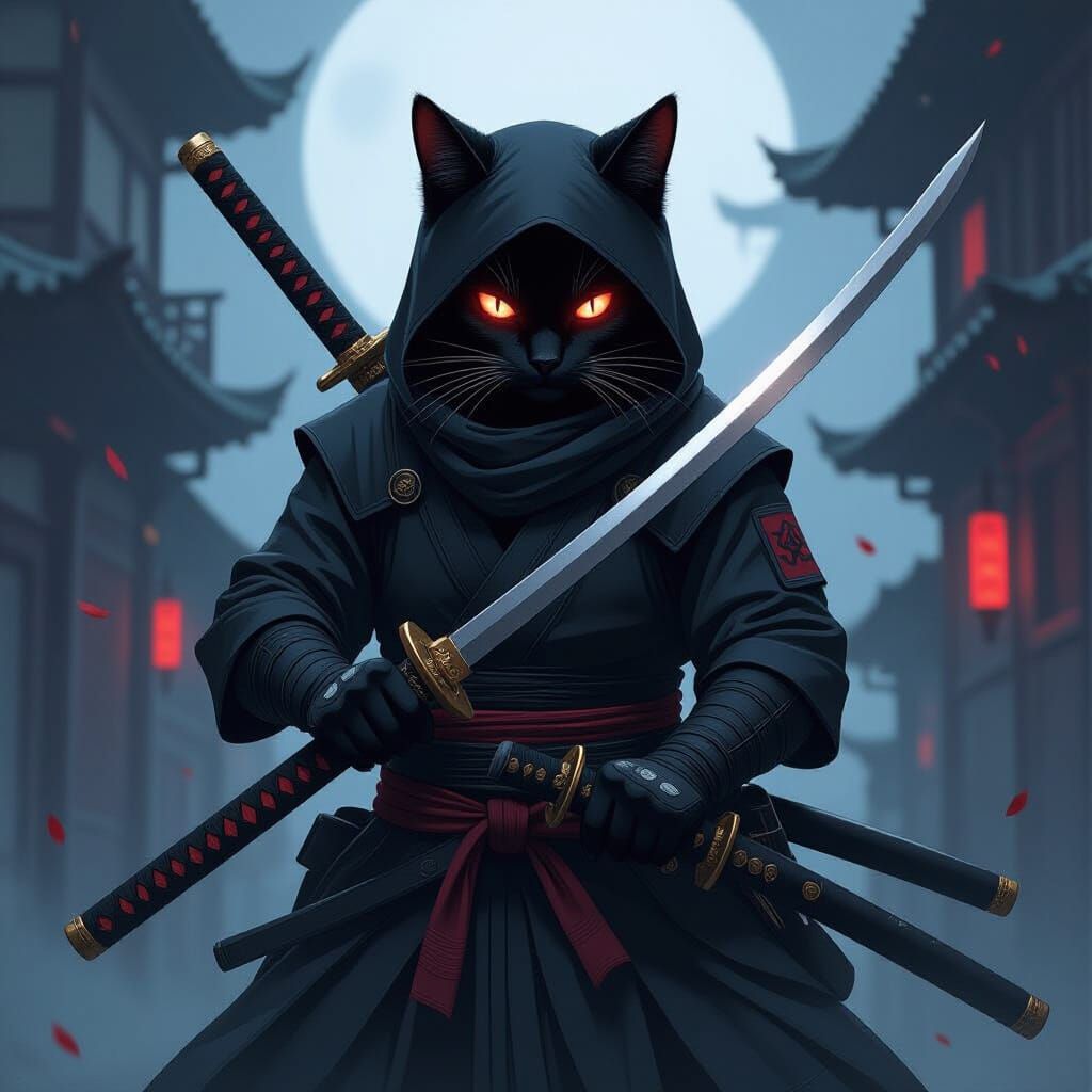 Black Cat Ninja with Katanas in Shadows