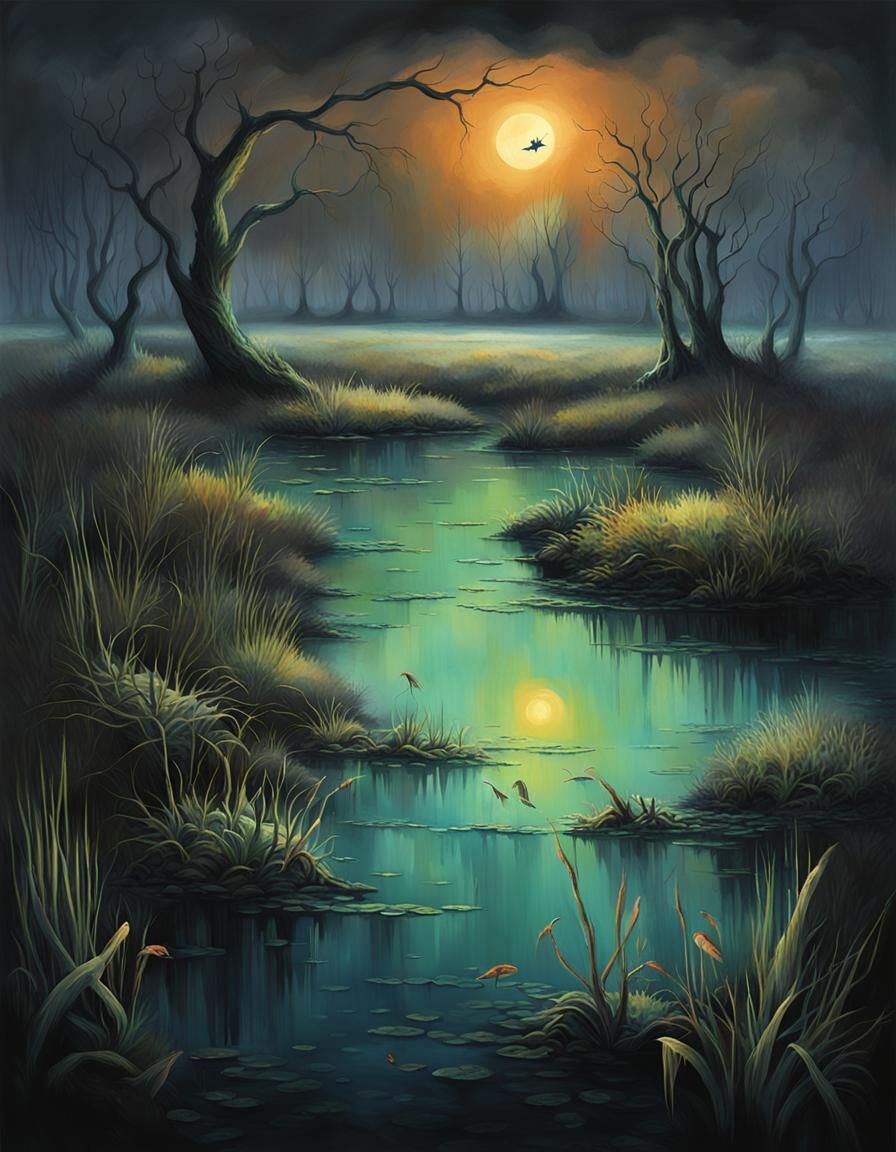 Eerie Marsh with Bioluminescent Lights, Dark Fantasy Art
