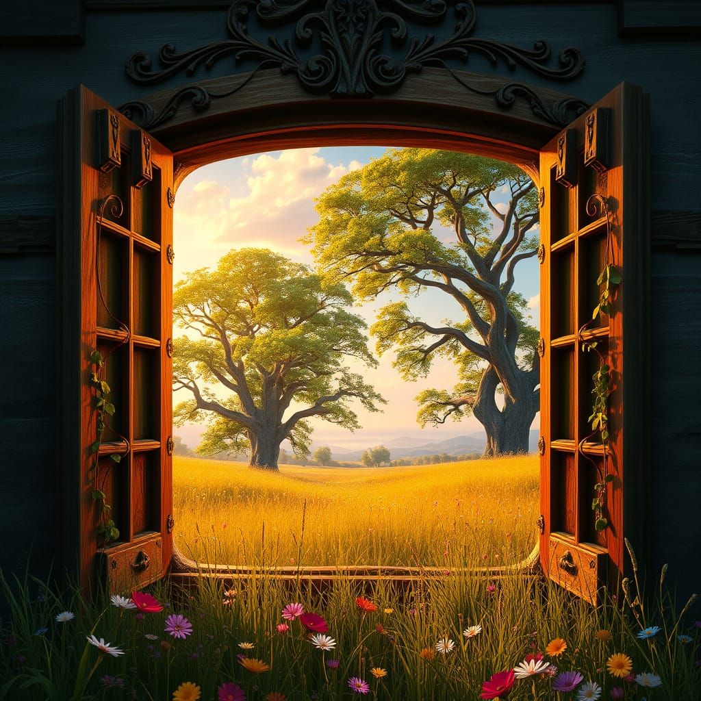 Mystical Meadow Landscape Beyond a Rustic Window