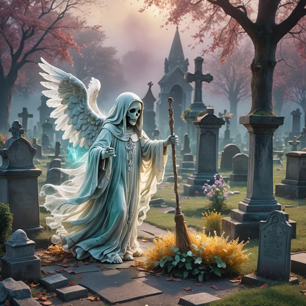 Little Ghost Passes Broom in Cemetery: 3D Digital Art