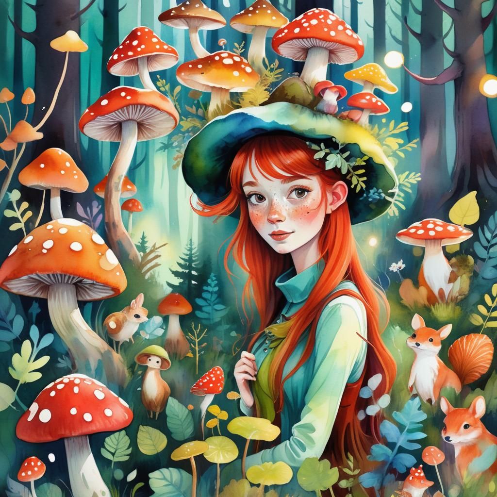 Girl with Mushroom Hat in Enchanted Forest