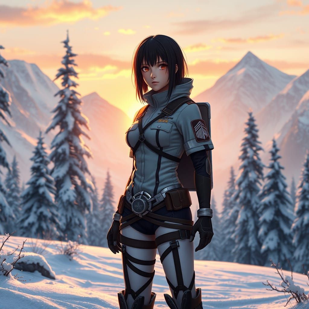 Heroic Mikasa in Snowy Winter Wonderland, Futuristic Fantasy...