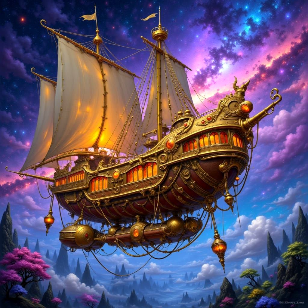 Steampunk Airship in Vibrant Nebula