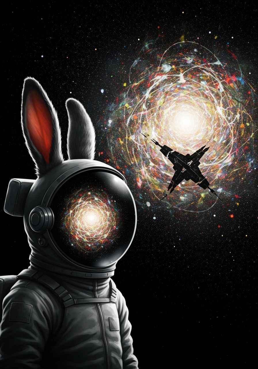Rabbit Astronaut Lost in Abstract Nebula