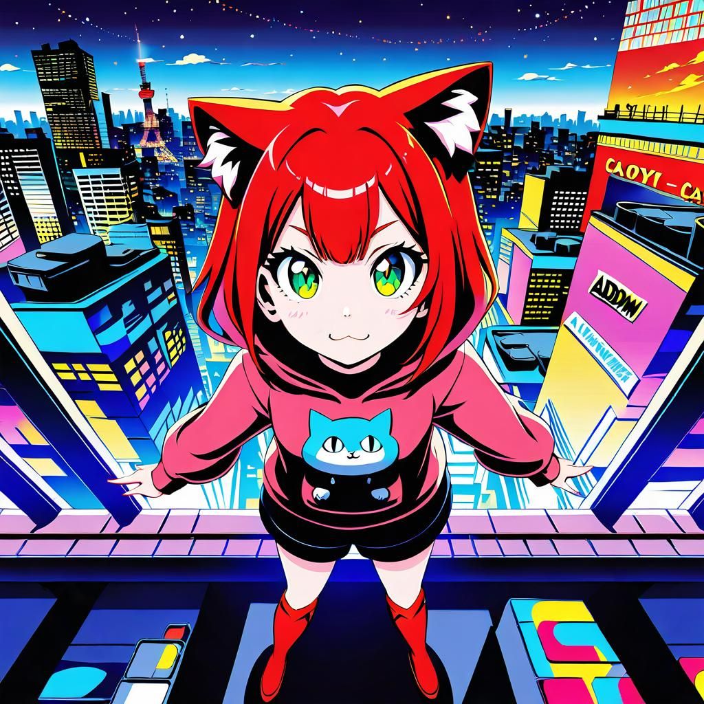 Tokyo Cat-Girl in Comic Book Pop Art Style