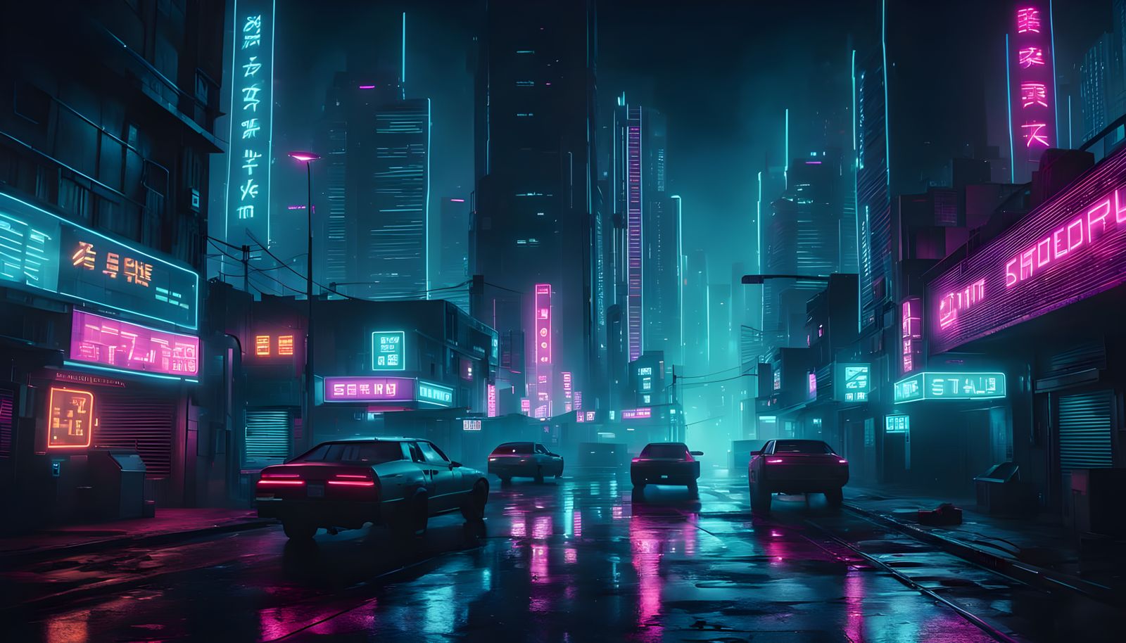 Epic Night Street Scene in Cyberpunk Style