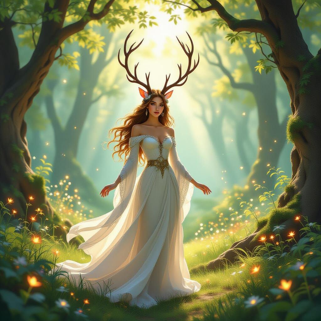 Mystic Deer Woman in Sunlit Forest Clearing