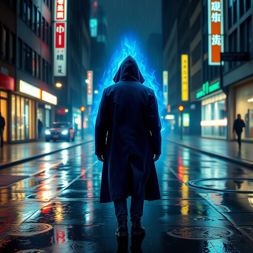 Ethereal Nightwalker Surrounded by Vibrant Blue Flames