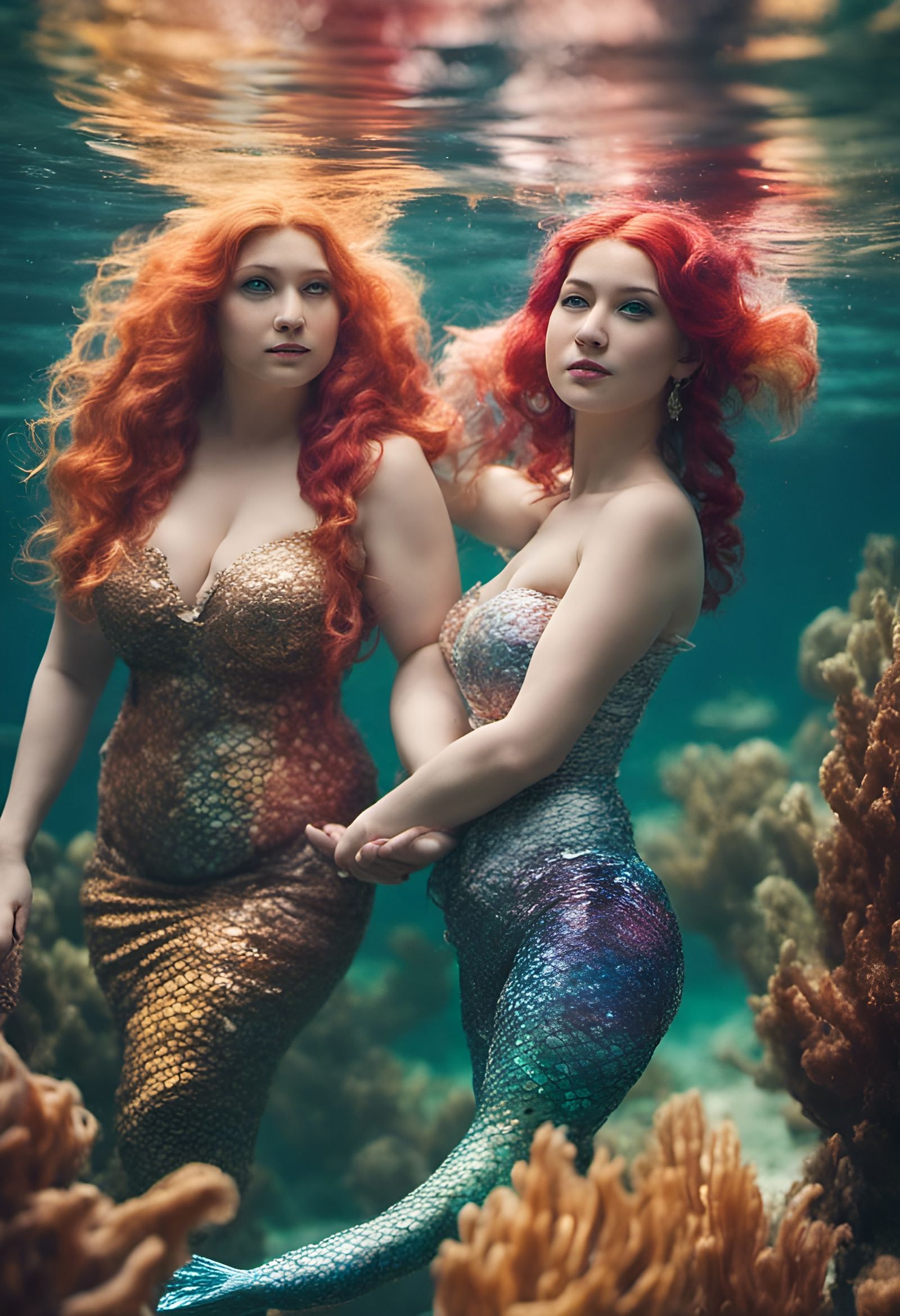 Voluptuous mermaids in the water