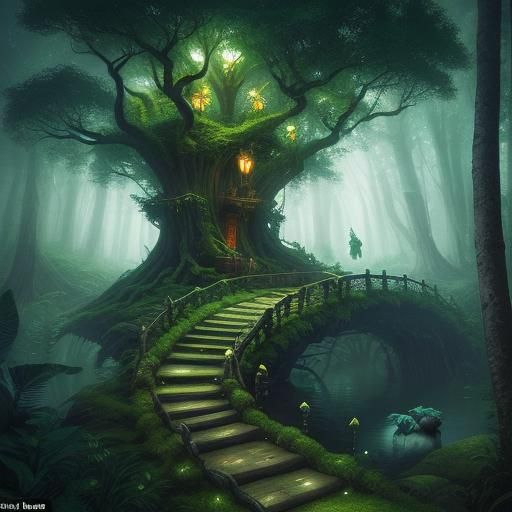 Enchanted Forest Treehouse with Mystical Creature