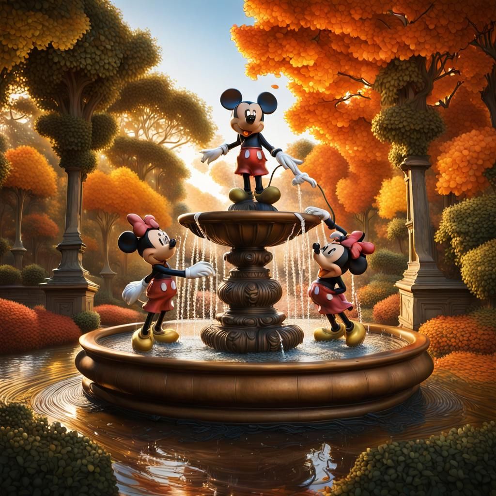 majestic garden water fountain, bronze statue of mickey mous...