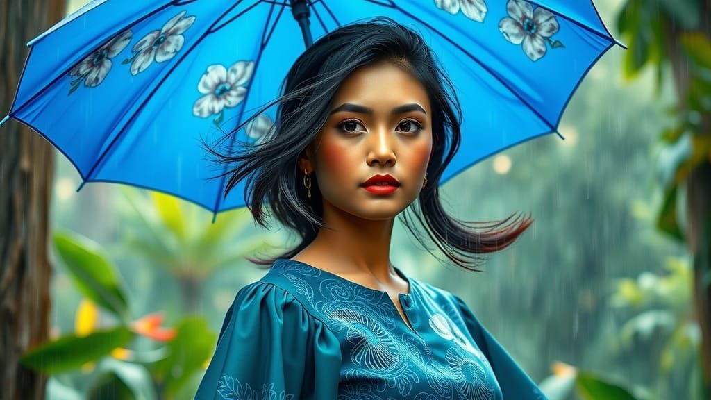 Serene Indonesian Woman Under Vibrant Blue Umbrella in Monso...