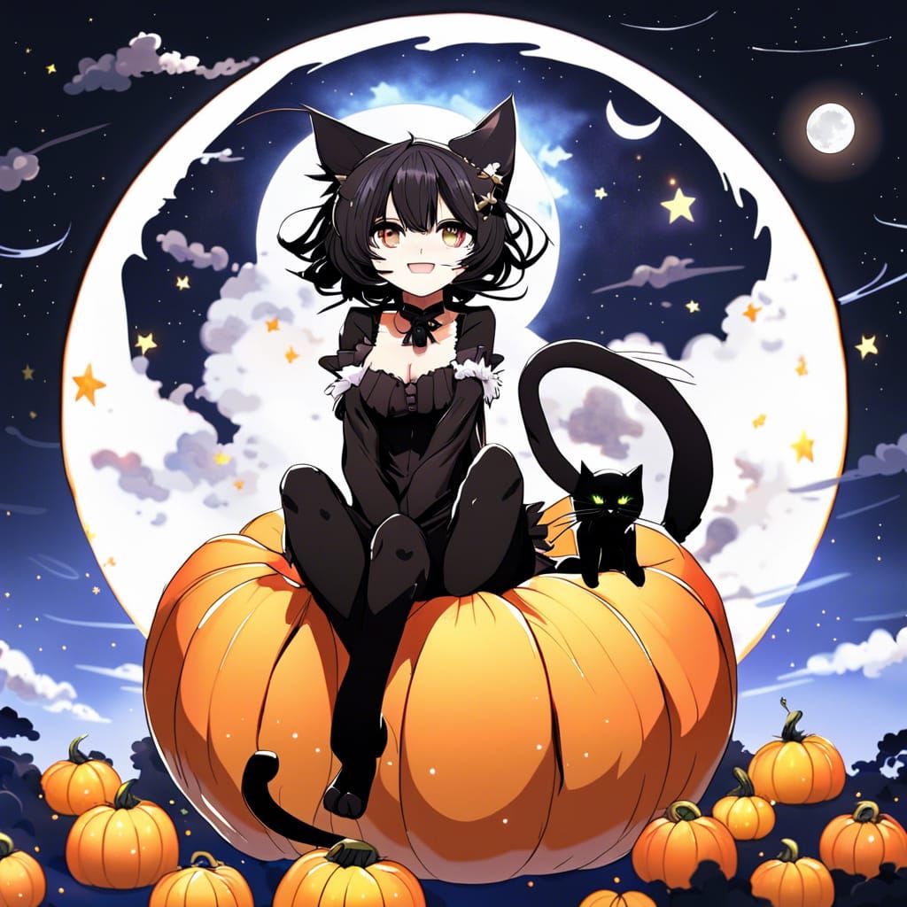 Anime Cat in Pumpkin Under Full Moon